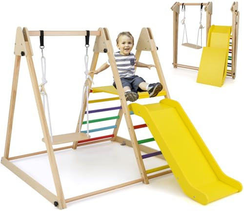 GYMAX 3 in 1 Kids Climbing Set, Wooden Toddler Swing Climber Set with Slide & Adjustable Rope, Indoor Playground Children Climbing Frame for 3 Years Old + Boys Girls (Colorful)