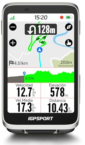 iGPSPORT BiNavi GPS Bicicleta, Análisis Entrenamiento Función Recorrido Continuo Detección de Movimiento 3,5 Pantalla Táctil Control de Música y Cámara de Acción, iClimb Pro, 35H,Plateado