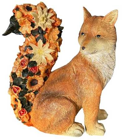 Gartenfiguren süßer Fuchs mit Blumen und Blättern für draußen - wetterfest - 20 cm groß - Deko Figur für Garten, Terrasse und Balkon