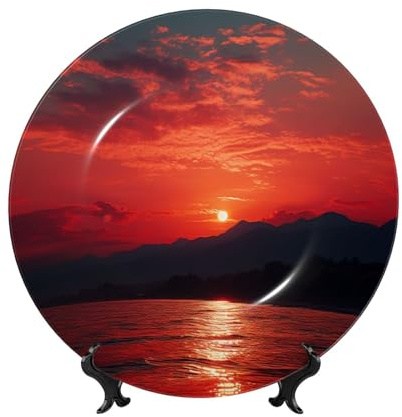 HJTRW Assiette décorative en porcelaine anglaise avec support de présentation en céramique - Rouge vif - Assiettes rondes à suspendre au mur - 17,8 cm