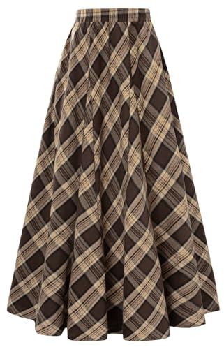 Long Plaid Skirts for Women High Waist A Line Pleated Fall Maxi Skirts Brown Plaid L