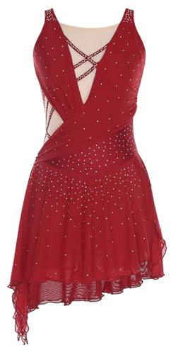 ranrann Femme Robe Patinage Artistique Robe Danse Justaucorps Gymnastique Strass Brillant Costume Spectacle Tenue Dancewear S-XXL C Bourgogne S