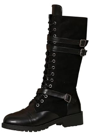 Générique Femmes Bottines Mi-Mollet à Lacets plates Femme Boot Cowboy Mode Couleur unie Tige large Bottes Femmes Travail Moderne Confortable à boucles Bottes pour femme Elégantes Vintage Souple