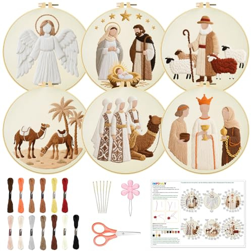 INFUNLY 6 PCS Nativity Scene Embroidery Kits for Beginners DIY Cross Stitch Starter Sets with Instructions Angel Camel Pattern Christmas Needlepoint Kits with Embroidery Cloth Colored Threads Hoops