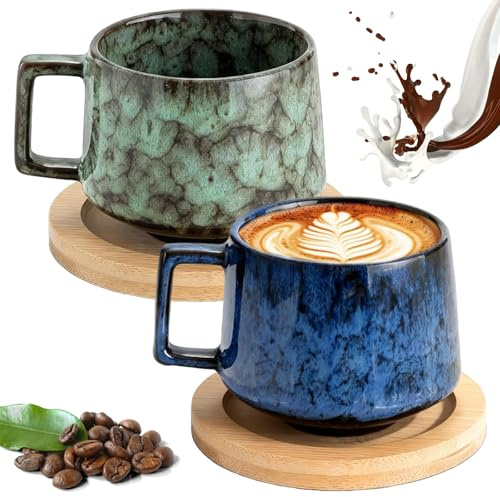 2 stycken set med espressokoppar, 190 ml cappuccino-koppar, tjockväggiga, kaffemuggar med träfat, stengods kaffekoppar för Americano, latte, te och café (mörkblå + mörkgrön)