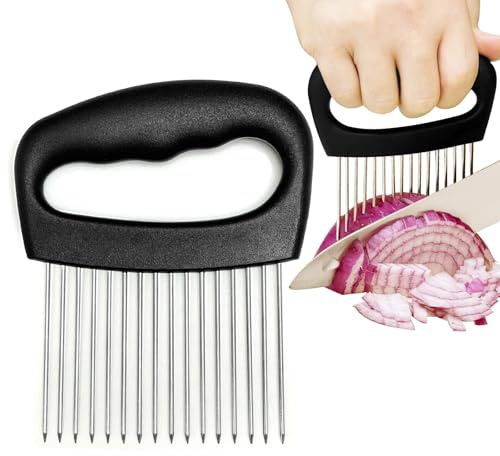 Furneet Onion Slicer with Protective Cover - Stainless Steel Cutter - Multiuse Vegetable Chopper and Meat Tenderizer