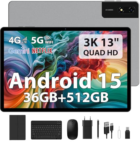 LEVIRTU Tablet 13 Zoll Android 15 Octa-Core 2.2GHz, 36GB RAM+512GB ROM (2TB TF), Dual SIM 4G LTE+5G WiFi, 11580mAh 18W PD, 2944x1840 FHD, Widevine L1, 13MP, BT5.0, GPS, mit Tastatur/Maus, Grau