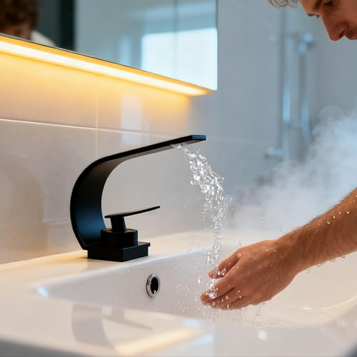 UISEBRT Vattenfallskran badrum, svart modern mässing tvättställsblandare, enhandsblandare med varmt och kallt vatten för badrum handfat kök diskbänk, typ D
