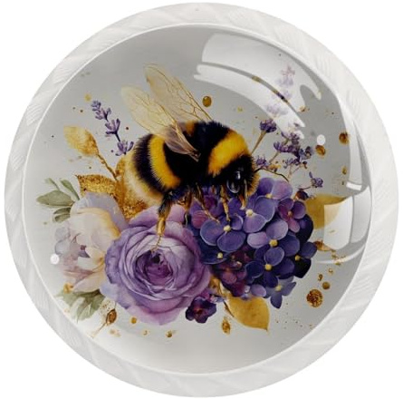 12 pomos de armario de acuarela de abeja y flores con textura dorada, elementos redondos de cristal para cajones, cómodas, armarios, tiradores para cocina del hogar, 1.38 x 1.1 pulgadas