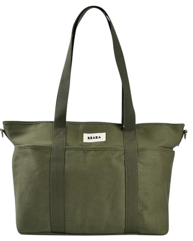 BEABA, Sac à Langer Madrid Modulable 22L – Tote Bag Grande Capacité, Sac à Langer Bébé Maman Papa avec 11 Poches, Poche Isotherme, Attache Poussette, Tapis à Langer Matelassé, Kaki