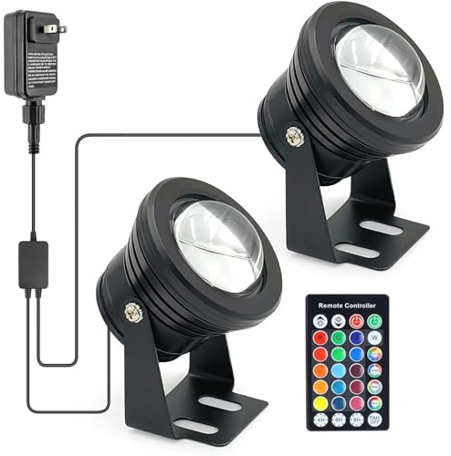TENSUL 12W RGB Pond Lights with Timer, Underwater SpotLights IP68 Waterproof Aluminium Case Fountain Light Submersible for Outdoor Pond Fountain Waterfall, 2 Lights