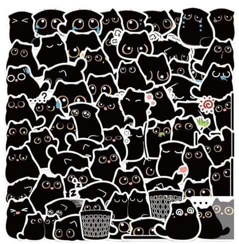 80 PCS Black Cat Stickers for Scrapbooking, Cute Cat Expressions Vinyl Stickers for Adults, Kids, Teens, Cartoon Waterproof Stickers for Laptop, Phone, Mug, Water Bottle, Journaling