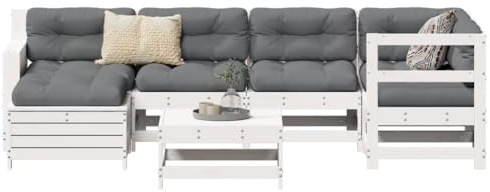 RMIHSJG 7-TLG. Garten-Sofagarnitur Weiß aus Massivholz Kiefer mit Latten-Design und klappbarer Ablage, Modulares Lounge-Set für Terrasse Balkon Garten, Robustes Holz Sofa Set