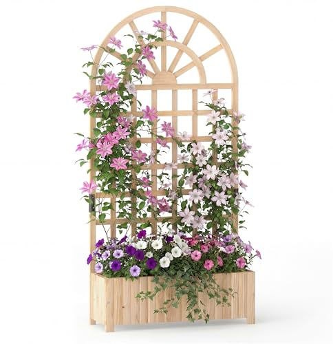 HOMASIS Jardinière avec Treillis en Bois, Carré Potager Jardinière Brise-Vue avec Trou Drainage, Lit Surélevé de Jardin, pour Plante Grimpante Vigne, Intérieur et Extérieur (Naturel, 91 x 30 x 182 cm)