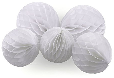 Frau WunderVoll® 5 WABENBÄLLE, Weiss, 3X Ø20, 2X Ø30 cm/Deko Hochzeit, Seidenpapier, Seiden Blumen, Papierblumen, Geburtstagsdeko, Tischdeko, Hochzeitsdeko, Gartenfest, Garten Party