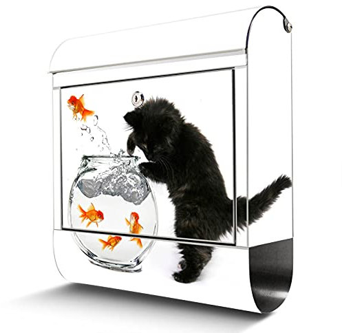 banjado Briefkasten Edelstahl 38x43x12cm & 2 Schlüssel - rostfreier Edelstahl Briefkasten mit Zeitungsfach - Postkasten A4 Einwurf inkl. Montagematerial - Motiv Katze Und Fisch