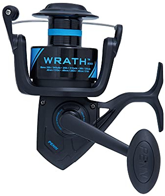 PENN Wrath Angelrolle für Nearshore/Offshore, Ölfilz-Frontbremse, max. 11,3 kg, hergestellt mit einem leichten, korrosionsbeständigen Graphitkörper, Schwarz/Blau, 8000