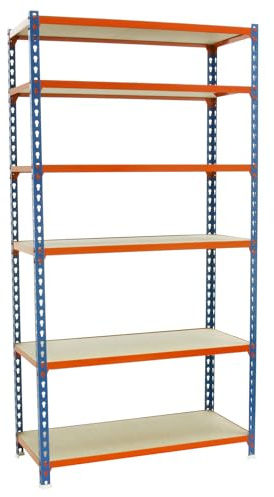 SimonRack Schwerlastregal, Lagerregal, 250x110x40 cm, Metallregal, Kellerregal, Biegestelle 200 kg, 6 Holzfachböden, Blau/Holz - Maderclick | 6 Höhen, Holzablage, Biegepunkt 200 kg, Korrosionsschutzlackierung, Klicksystem-Montage, Blau