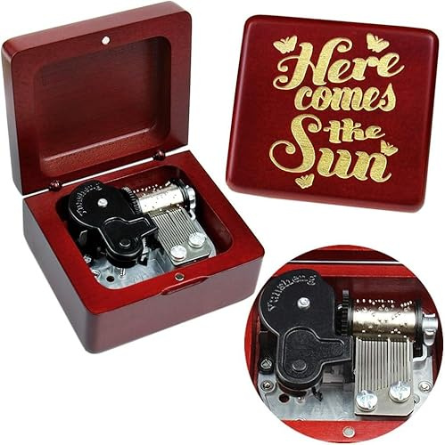 Sinzyo Music Box Vintage Wood Carved Mechanism Musical Boxs Gift For Birthday Valentine's Day Christmas Day(Here Comes The Sun -Wine Red Box)
