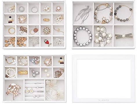 Vlando 4-in-1-Schmucktablett, Schmuck-Organizer für Schubladen, Schmuck-Organizer, stapelbare Schmuck-Organizer, Schubladen, Weiß