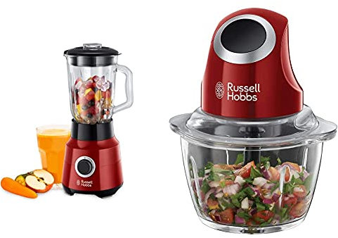 Russell Hobbs Desire Frullatore, 650 W, 1.5 L, Vetro, 2 Velocita, Rosso & Desire Tritatutto, 200 W, 1 L, Rosso