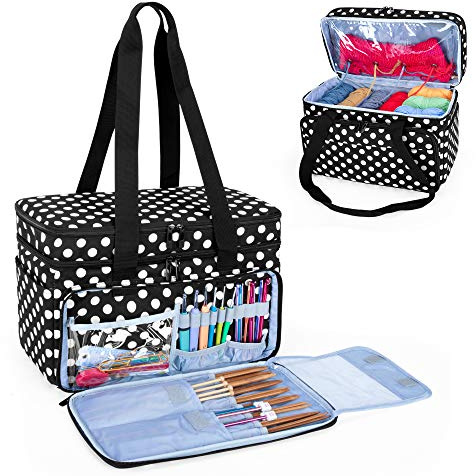 CURMIO Doppelschicht Wolle Tasche, Stricktasche für Garn, Weiß Punkt | Mehrere Gummibänder & Fächer, 4 Ösenlöcher, Schulterriemen, für Stricken/ Häkelnadeln/ Stricknadeln/ Zubehör, Leere Tasche