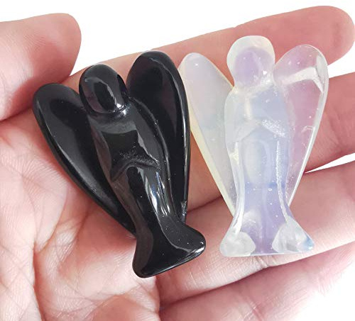 Lovionus89 Mini Kristall Engel, 2 STK Tasche Geschnitzt Edelstein Wächter Figuren Heilung Statue Zuhause Dekor 1,5 Zoll, Schwarzer Obsidian + Opalit
