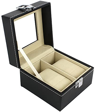 Bigxin Uhrenbox für 2 Uhren Schwarz, PU Uhrenschatulle Uhrenkasten Uhrenkoffer mit Glasdeckel aus Leder klein Schmuckkästchen Reiseaufbewahrung Aufbewahrungsbox Tragbarer Schmuck Organizer
