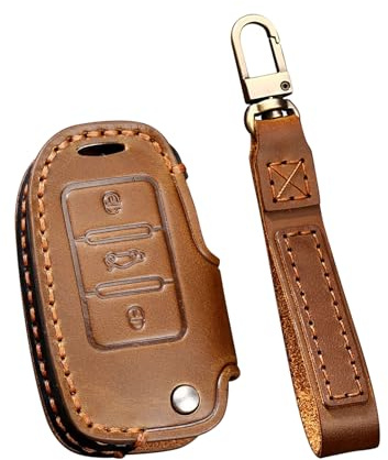 ontto Leder Autoschlüssel Hülle Passt für VW Golf 4 5 6 Polo Jetta Passat Touran Skoda Fabia Octavia Seat Altea Fernbedienung Cover Schlüsselhülle Schlüsselanhänger Schlüssel Schutz Etui-Braun A