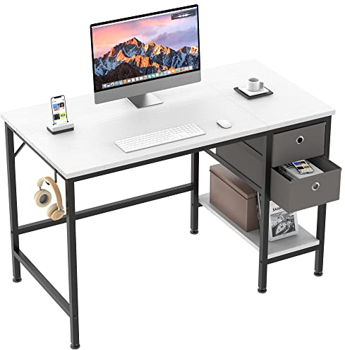 Schreibtisch, Computertisch PC Tisch mit 2 Schubladen, 100x75x50cm, Weiß | Bürotisch Holz mit Kopfhörer Halter fürs Wohnzimmer, Arbeitszimmer, Schlafzimmer