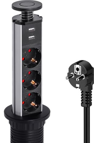 LEUTED 3 Fach Versenkbare Steckdose Überspannung, Versenkbare Steckdosenleiste mit 2 USB, 1.8m Kabel, Schreibtisch Steckdose Versenkbar für Arbeitsplatte Küche Büro, Ø60 mm, Schwarz