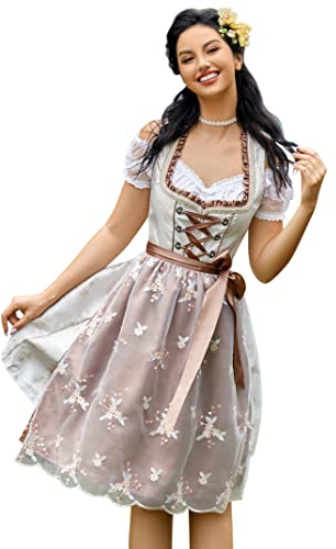 Clearlove Dirndl för damer, midi, 3 delar, traditionell klänning för oktoberfest och karneval, tre delar: klänning, blus och förkläde (återanvändbar förpackning), 36