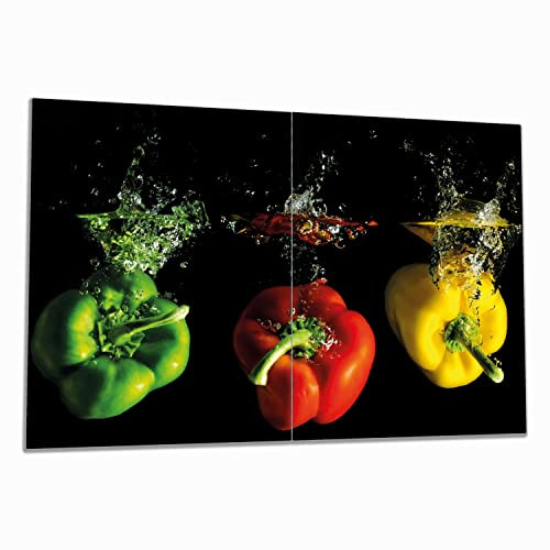 Wallario Herdabdeckplatte/Spritzschutz aus Glas, 2-teilig, 80x52cm, für Ceran- und Induktionsherde, Bunte Küche Paprika in rot gelb orange und grün im Wasser