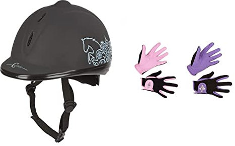Covalliero Helm Reithelm Beauty VG1, Schwarz, 52-55 cm & Kinder Kinderreithandschuh Lilli Black/Purple, Größe S Reithandschuh, S