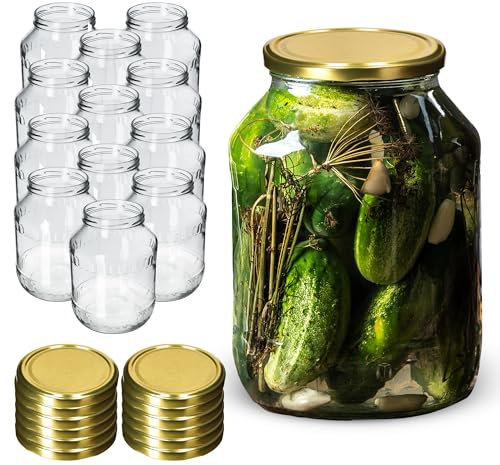 KADAX Tarros de cristal de 2,5 L, para conservas, fi100 mm, tarros de conserva, tarros de pepino, tarros redondos, tarros de conservas (12 unidades, tapas doradas)