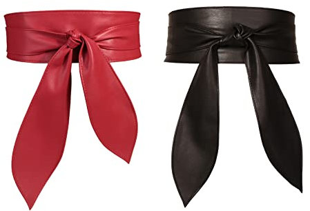 FEOYA Wickelgürtel Damen Party Kleidgürtel Hochzeit Obi Breiter Gürtel für Kleid Damen Schärpe Gürtel Kunstleder Leder Brautgürtel Bindegürtel Taillengürtel Elegante Wickel Schnüren Schwarz+Rot S-M