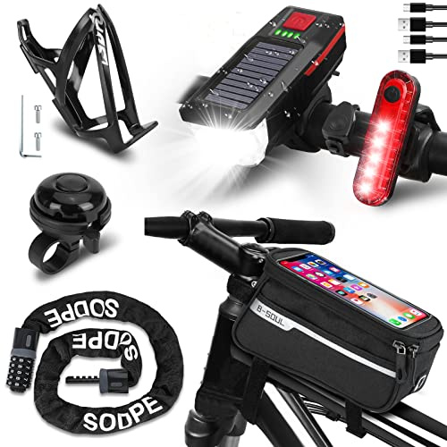 SODPE 6 Pack Bike Accessories Including Bicycle Light Front and Rear, Bike Frame Bag, Bicycle Chain Lock, Bikes Water Bottle Cage, Bicycles Bell for Adult Kids Road Mountain Bikes