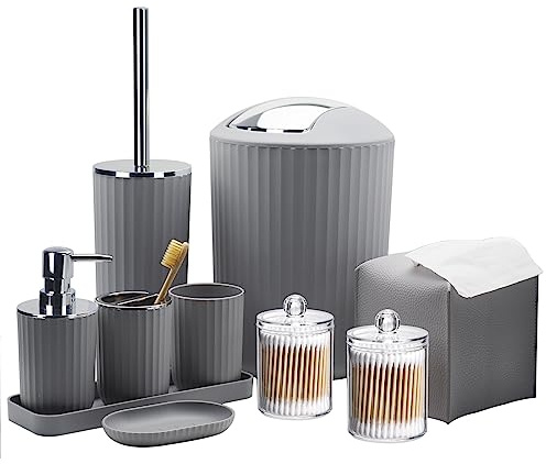 Badezimmer-Zubehör-Set,10-teiliges graues Badezimmer-Zubehör-Set mit Mülleimer, Zahnbürstenhalter und Tasse, Seifenspender, Seifenschale, WC-Bürstenhalter, Qtip-Halter, Taschentuchbox Abdeckung