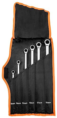 NEO TOOLS Set mit 6 langen Ring-Maulschlüsseln mit Ratsche - 8-19 mm - Praktisches Werkzeugset in weichem Etui - Vielseitig einsetzbar für Profis und Heimwerker, Ratschenringschlüssel