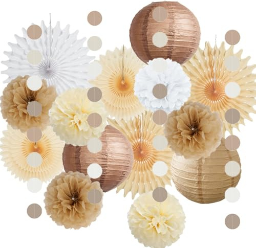 Decorazioni neutre per feste, in stile bohémien, marrone e crema, lanterne di carta marrone chiaro con pompon beige e bianco con ghirlanda circolare, per baby shower, addio al nubilato, compleanno,