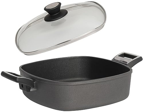 SKK großer 2-tlg. Guss Bräter 28x28 cm - Induktion Bratkasserolle - hohe eckige Antihaft Kasserolle & Glasdeckel mit Edelstahlrand - Made in Germany