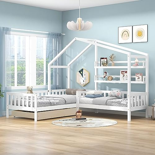 KUAKE Hausbett mit Schubladen und Regalen, Kinderbett 90x200 cm and 140x70cm, Massivholz Spielbett mit Zaun und Lattenrost, L-Struktur, für 2 Kinder Doppelbett (Weiß)