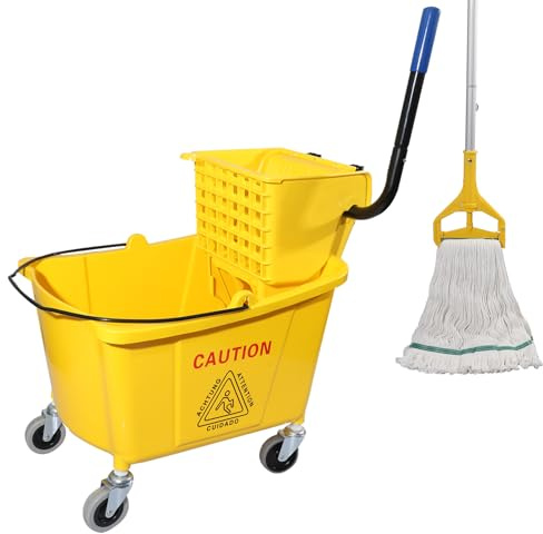 Midoneat Combo de escurridor de Prensa Lateral con Ruedas, 35 Cuartos de galón, Incluye un Juego de fregona Comercial, Amarillo