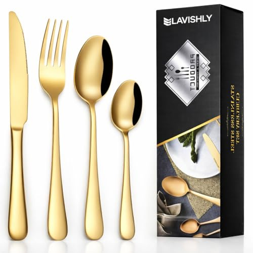 Juego de cubiertos de acero inoxidable dorado de 16 piezas LAVISHLY, cubiertos pulidos como espejo para 4 personas, vajilla duradera y apta para lavavajillas
