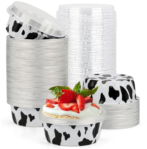 Beasea Tazze in alluminio per la cottura, 226,8 g, confezione da 100 pirottini usa e getta con coperchio, in alluminio nero e bianco, per creme, brûlée, muffin, cupcake, mini budini, per feste,