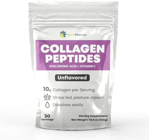 Kollagen-Peptid-Pulver mit Hyaluronsäure und Vitamin C, fördert die Gesundheit von Haaren, Nägeln, Haut, Knochen und Gelenken, ohne Geschmack, Kollagenproteinpulver, 30 Portionen, 306.2 g