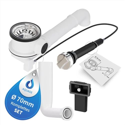Aquade Siebkorbventil 70mm - Siebkorb Spüle - Siphon Spüle - Sifon Spüle Set Für Küche - Spülbecken Abfluss - Modell: Raumschaffer + Bowdenzug + Standard Überlauf