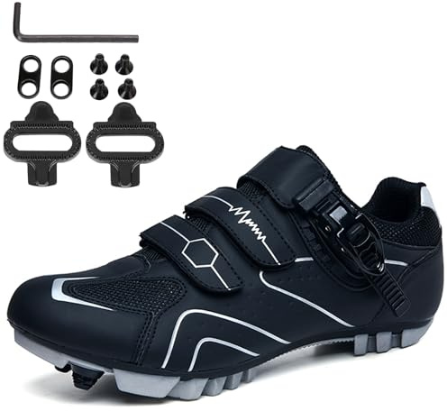 NGARY Fahrradschuhe MTB Herren, Mountainbike Schuhe kompatibel mit SPD 2 Schrauben mit Cleats, Unisex Radsportschuhe Draussen,Black Gray,42 EU