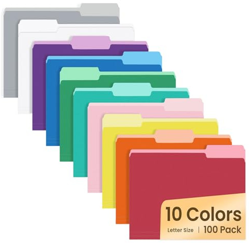 SUNEE File Folders Letter Size 10 Assorted Colors, 100 Pack Folders for Documents 1/3-Cut Tabs, Colored File Folders Office Home School for Documents Files Paper