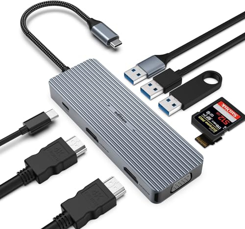 oditton Hub USB C, docking station 9 in 1, Dual 4K, HDMI, VGA, 100 W PD, USB 3.0, 2 USB 2.0, SD/TF Card Reader, MacBook/Surface Pro Compatible
